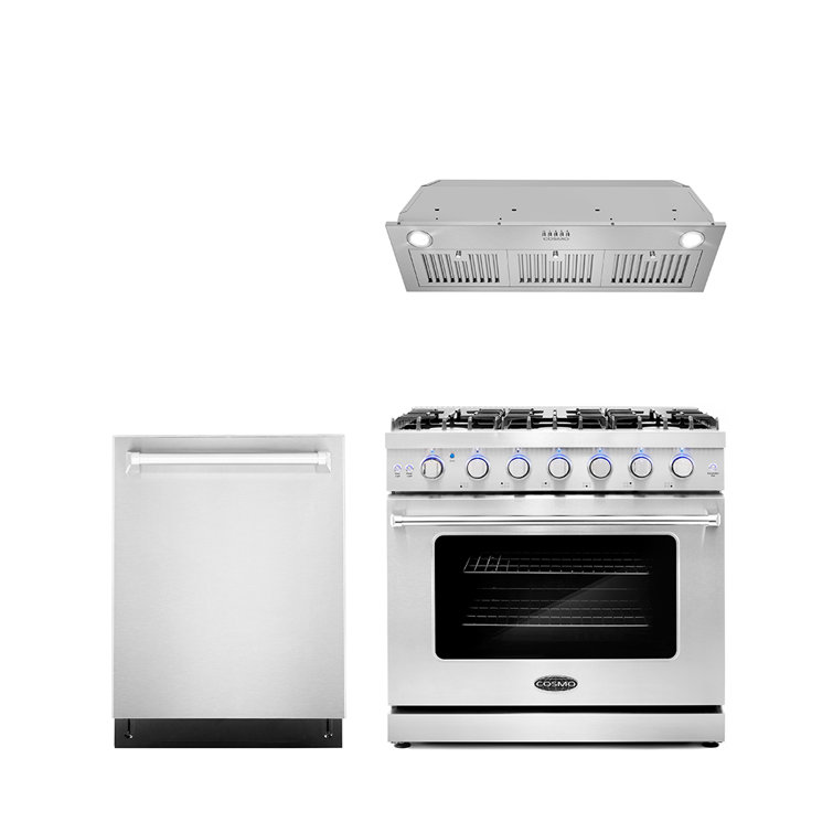 Cosmo 3 Piece Kitchen Appliance Package with 36'' Gas Freestanding
